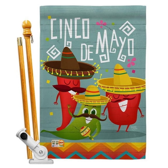 Breeze Decor BD-SW-HS-115125-IP-BO-D-US18-BD 28 x 40 in. Vertical Chili Pepper Cinco De Mayo Country & Primitive Southwest Impressions Decorative Double Sided House Flag Set with Pole & Bracket Hardwa