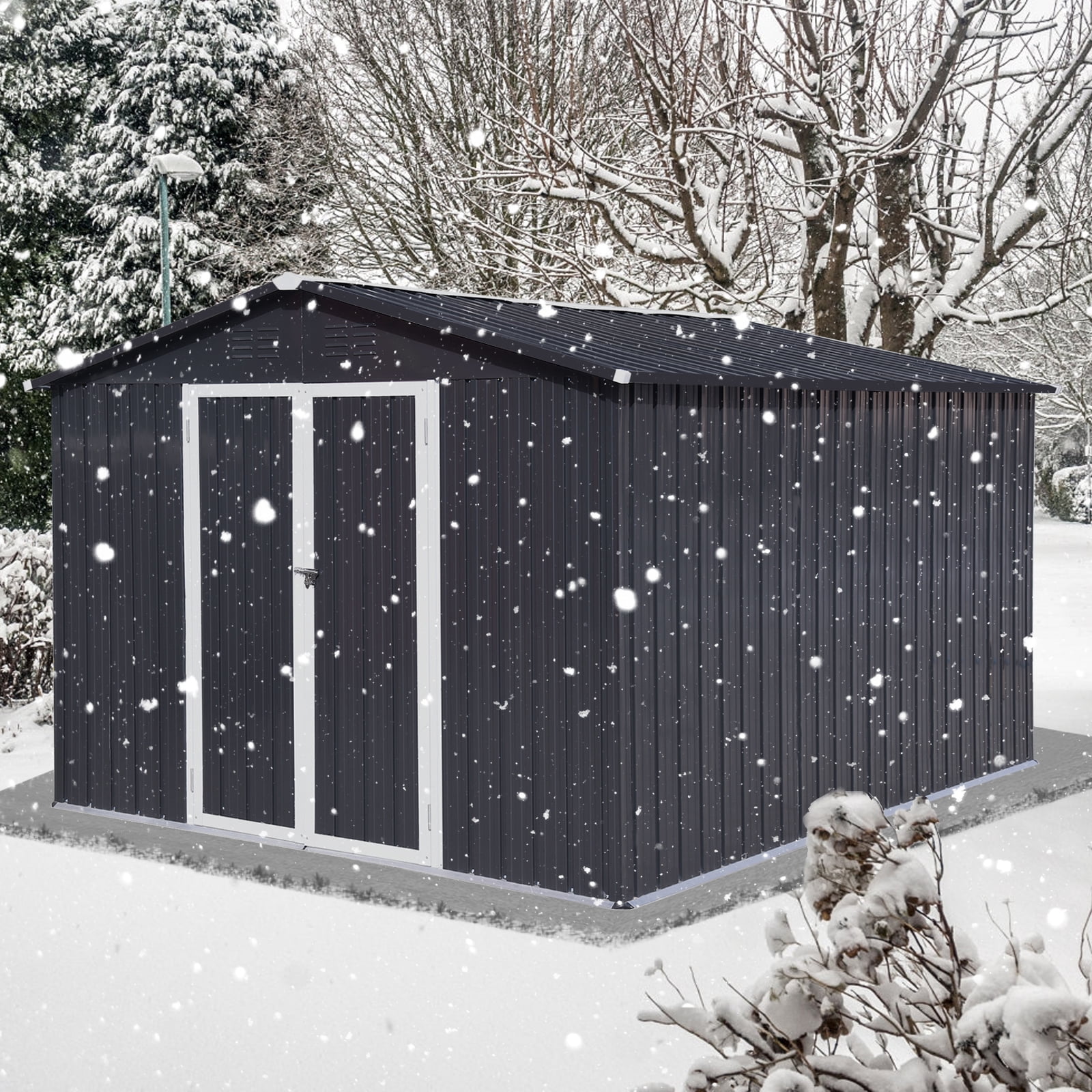 10x12FT Outdoor Metal Storage Shed Tool Bike Generator Weatherproof with Shutter Vents Floor for Garden Patio Backyard, Dark Gray