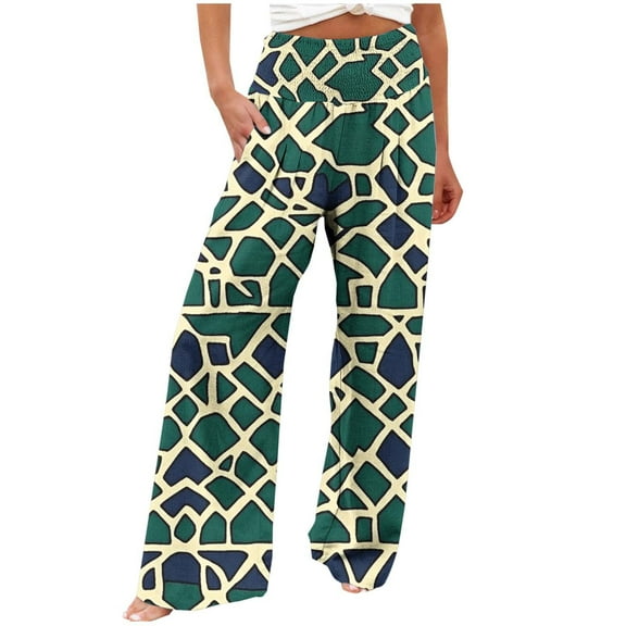 Ruimatai Women Casual Loose Pants Elastic Waist High Waist Straight Leg Printing Comfortable Lightweight Soft Polyester Long Pants with Pockets for Daily Wear