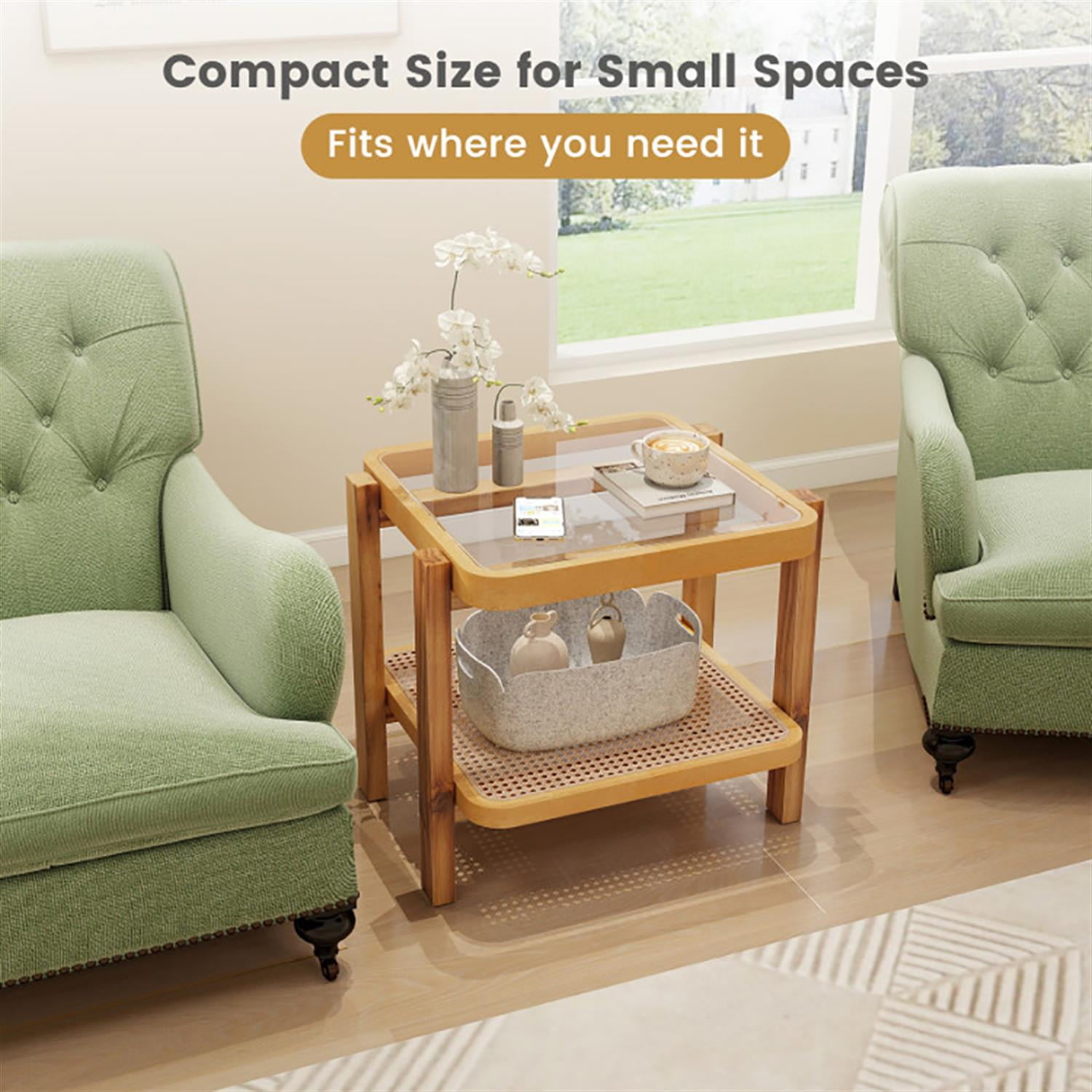 Demi Bonn Rattan Sofa Side Table, 2-Tier End Table with Tempered Glass Top Acacia Wood Legs, Nightstand for Small Spaces, Living Room, Bedroom, Brown