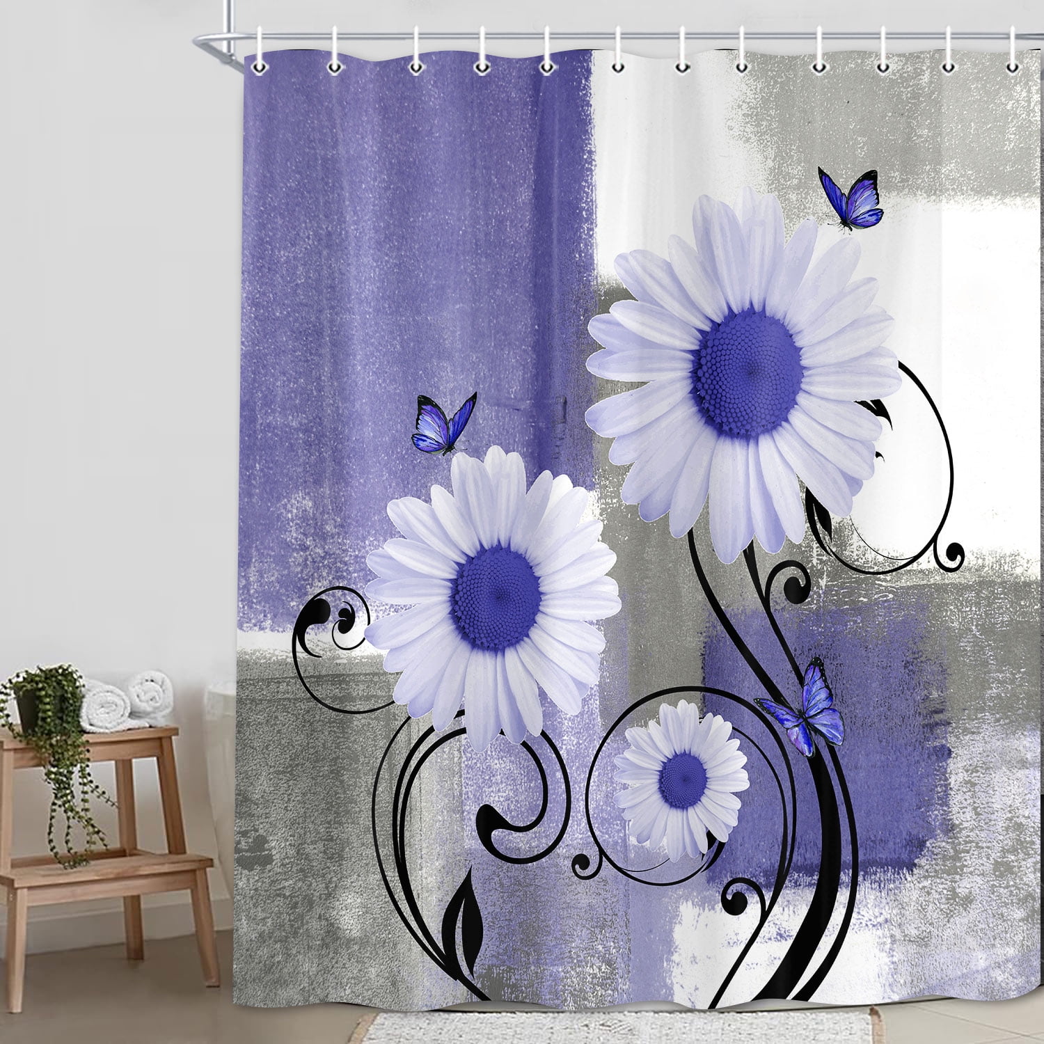 Purple Floral Shower Curtains for Bathroom,Aesthetic Brush Oil Painting Fabric Decor Bath Curtain,Daisy on Purple Gray White Abstract Modern Bakcground Fabric Shower Curtains,69X84in