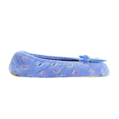 isotoner womens Embroidered Terry Ballerina Slippers Flat Sandals, Periwinkle Soft Tie Bow, 9.5-10.5 US