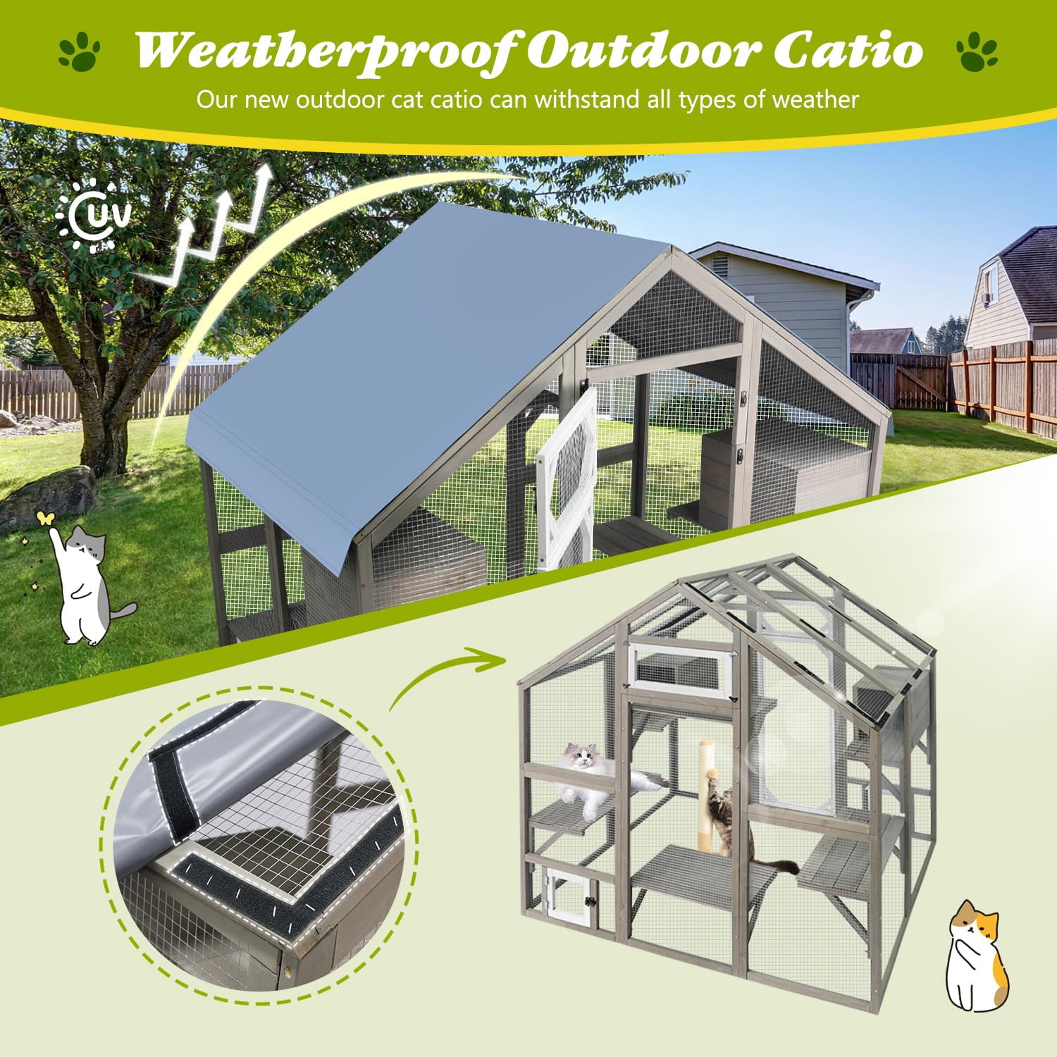 Large Outdoor Catio Cat Enclosure, Walk-in Wooden Cat House with Waterproof Cover, Multi-Level Play Platforms & Sleeping Houses, Grey