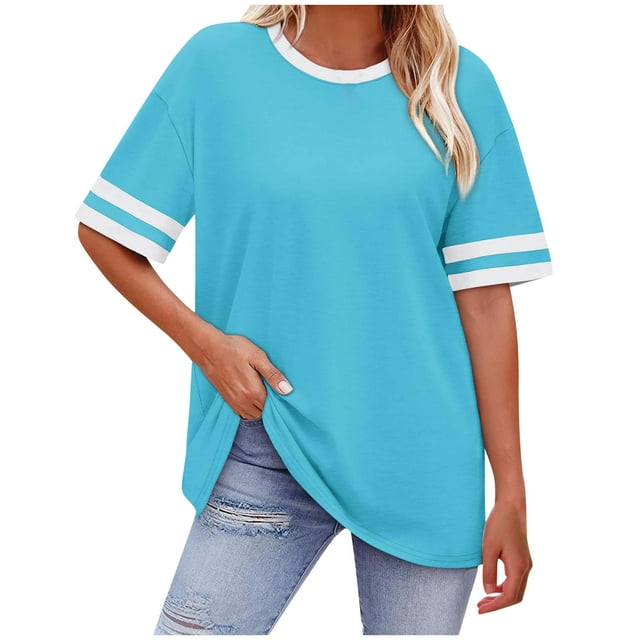 Hauts à Épaules Tombantes pour Femmes, T-Shirts Surdimensionnés pour Femmes Mode Rayé Col Rond Manches Courtes T-Shirts P-2TG en Solde Vêtements pour Femmes
