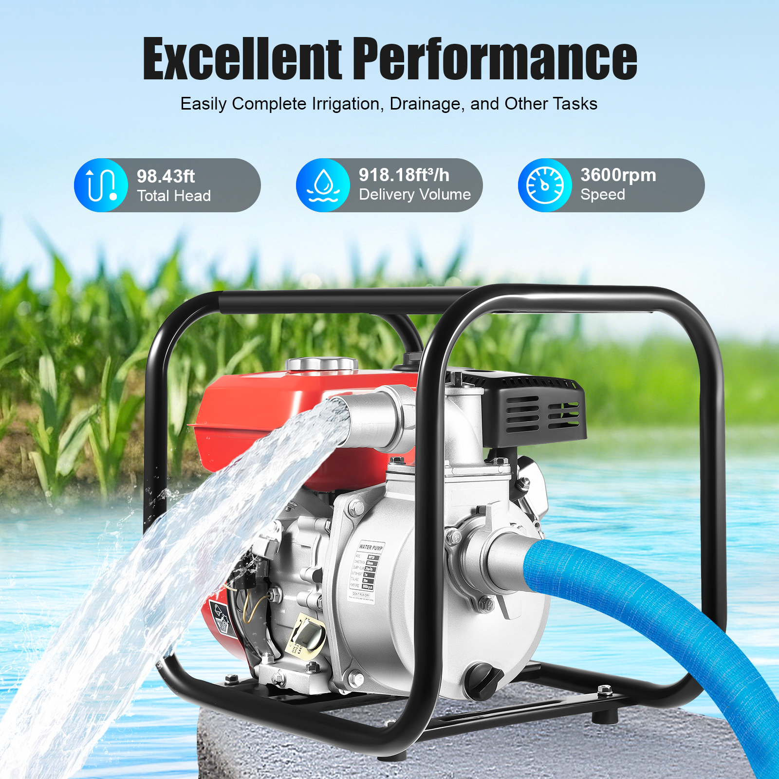 Miumaeov 7.5 HP 2" Gas Powered Water Pump 212cc Portable Gasoline Trash Water Transfer Pump  with 24.61ft Hose