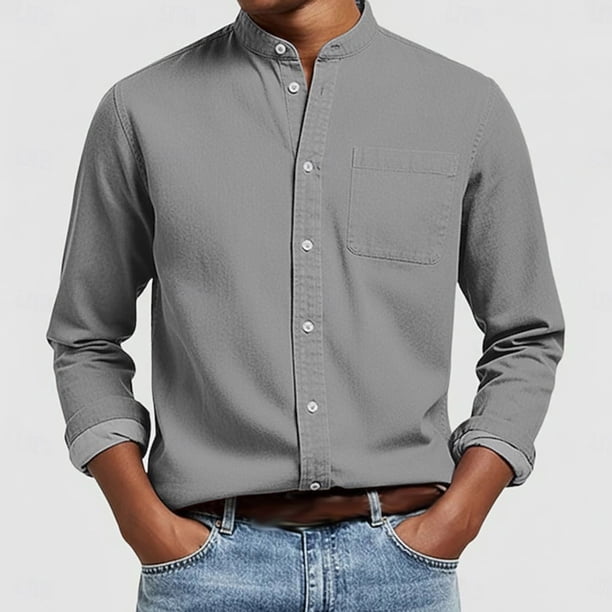 Ceisia Men's Regular-Fit Stand-Collar Single-Patch-Pocket Long-Sleeve Shirt Multi-Solid Gift