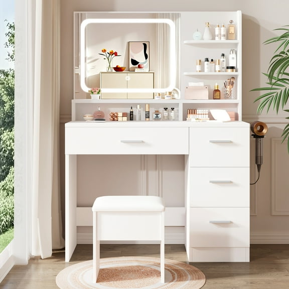 LIVELYGLOW Vanity Desk with Mirror,LED Lights and Power Outlet, Makeup Vanity Table Set with 4 Drawers and 3 Storage Shelves, Dressing Table with 3 Lighting Modes for for Bedroom, White