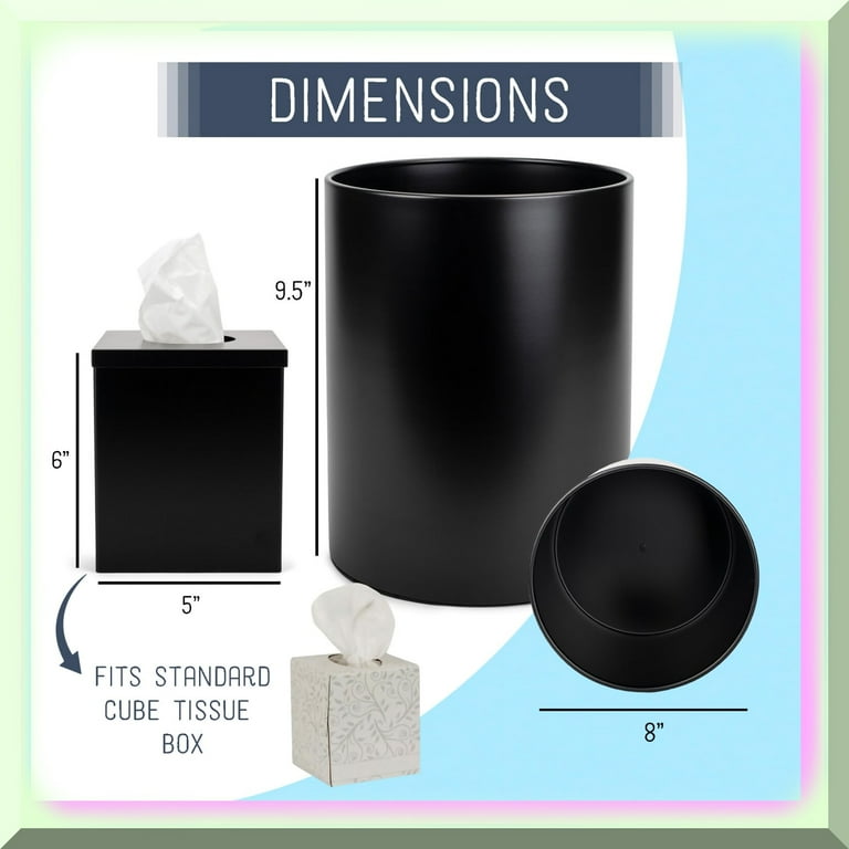 Black Bathroom Essentials Set: Trash Can, Tissue Box Holder
