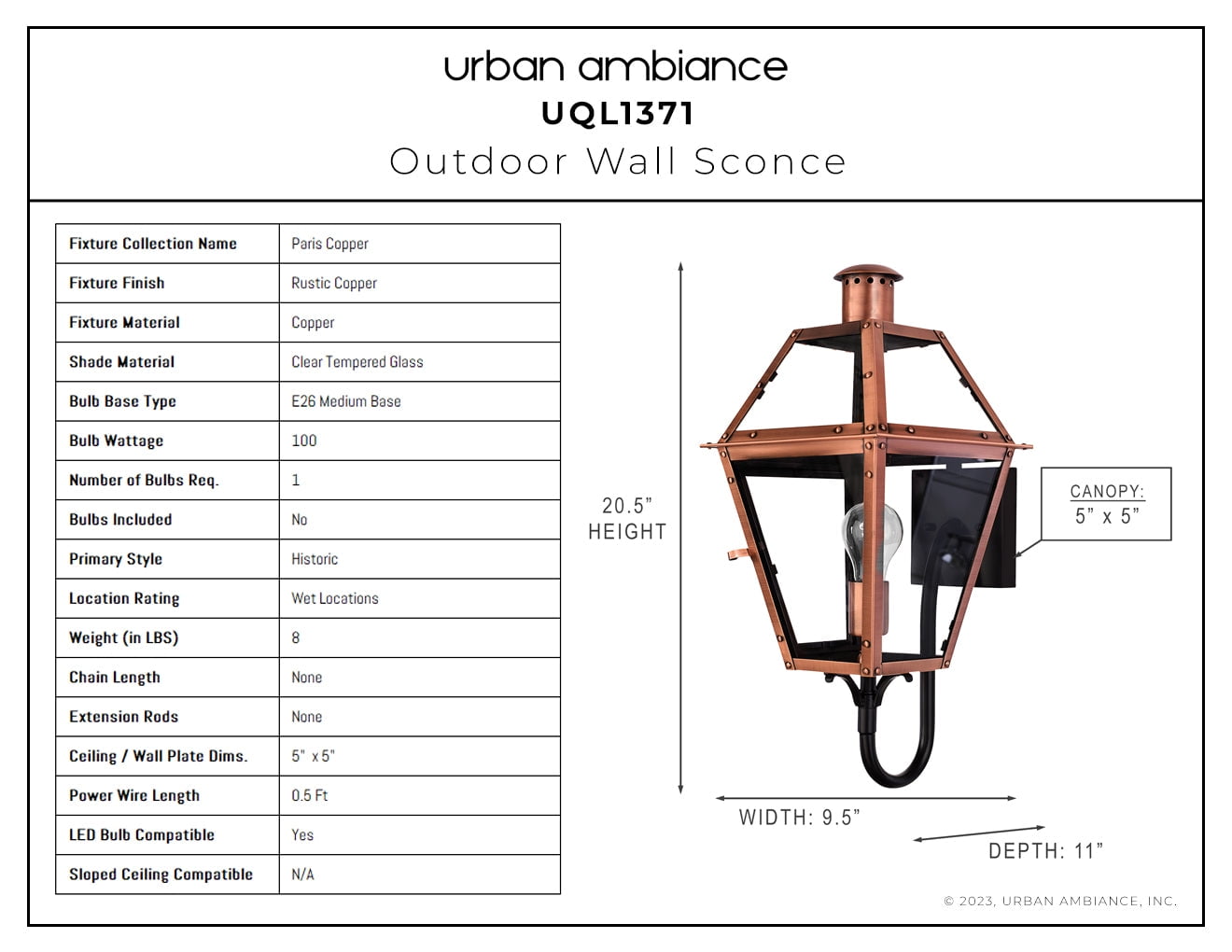 Luxury Rustic Wall Sconce, Large Size: 20.5H x 9.5"W, with Tudor Style Elements, Rustic Copper Finish, UQL1371 from the Paris Collection by Urban Ambiance