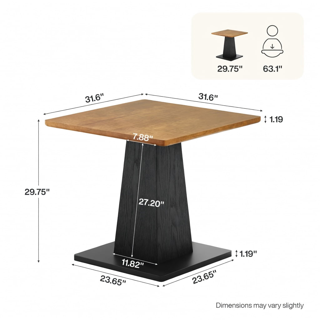 Hommoo 31.5 Inch Square Farmhouse Dining Table for 4, Rustic Wood-Grain Top with Pedestal Base, Space-Saving Kitchen & Breakfast Nook Table, Black