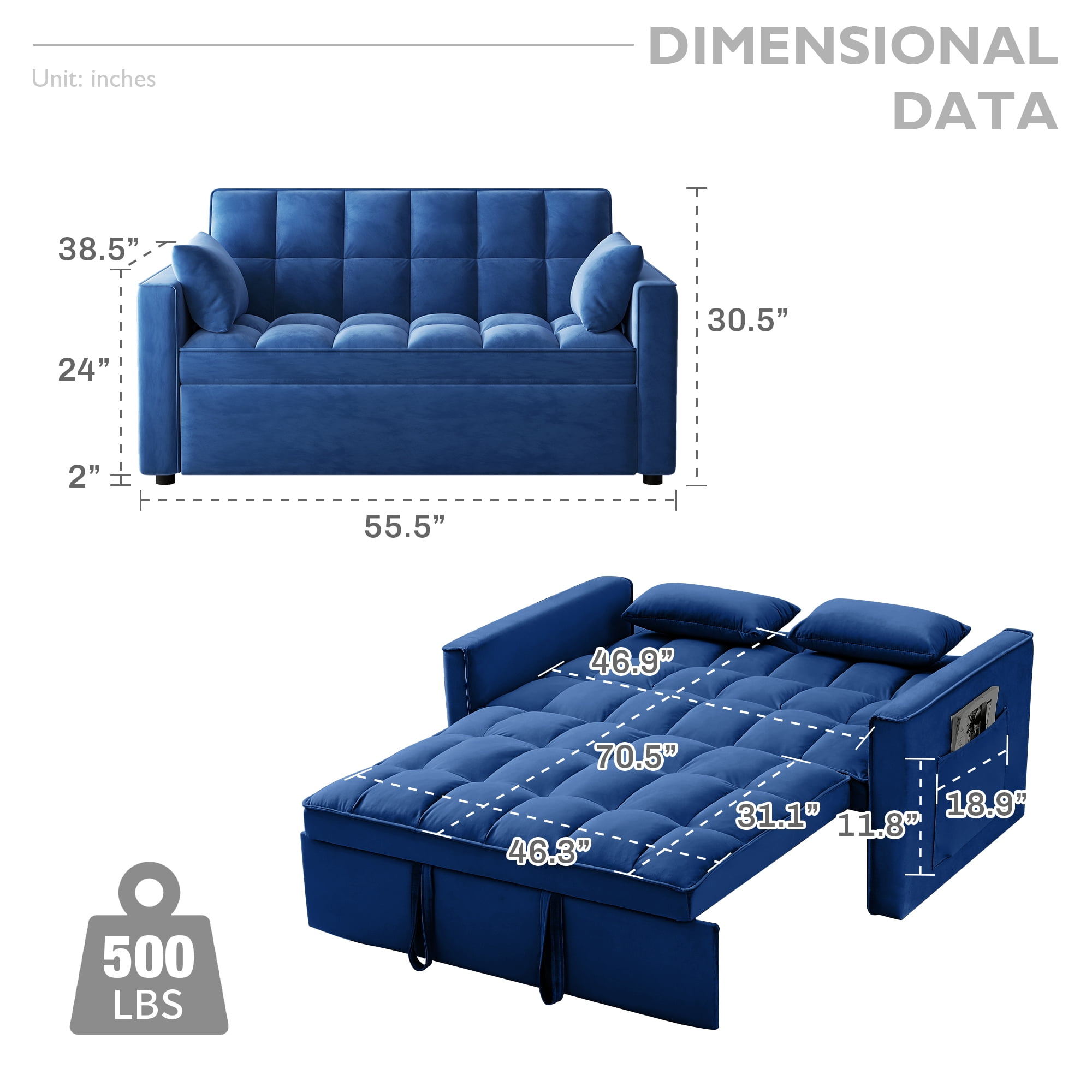 AENKYO Convertible Pull-Out Loveseat Sleeper Sofa Bed for Living Room, Modern Upholstered Futon in Blue