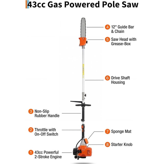 OUYAWEI 43cc Gas Powered Pole Chain Saw Anti-Vibration Handle Auto-Oiling Quick Release Tree Trimming