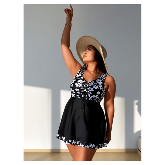 Tankini Swimsuit Top Black Patchwork Print - Women's Tummy Control Swimwear, Dress Style, Tie Front, Wide Straps, Beach Pool Resort Wear