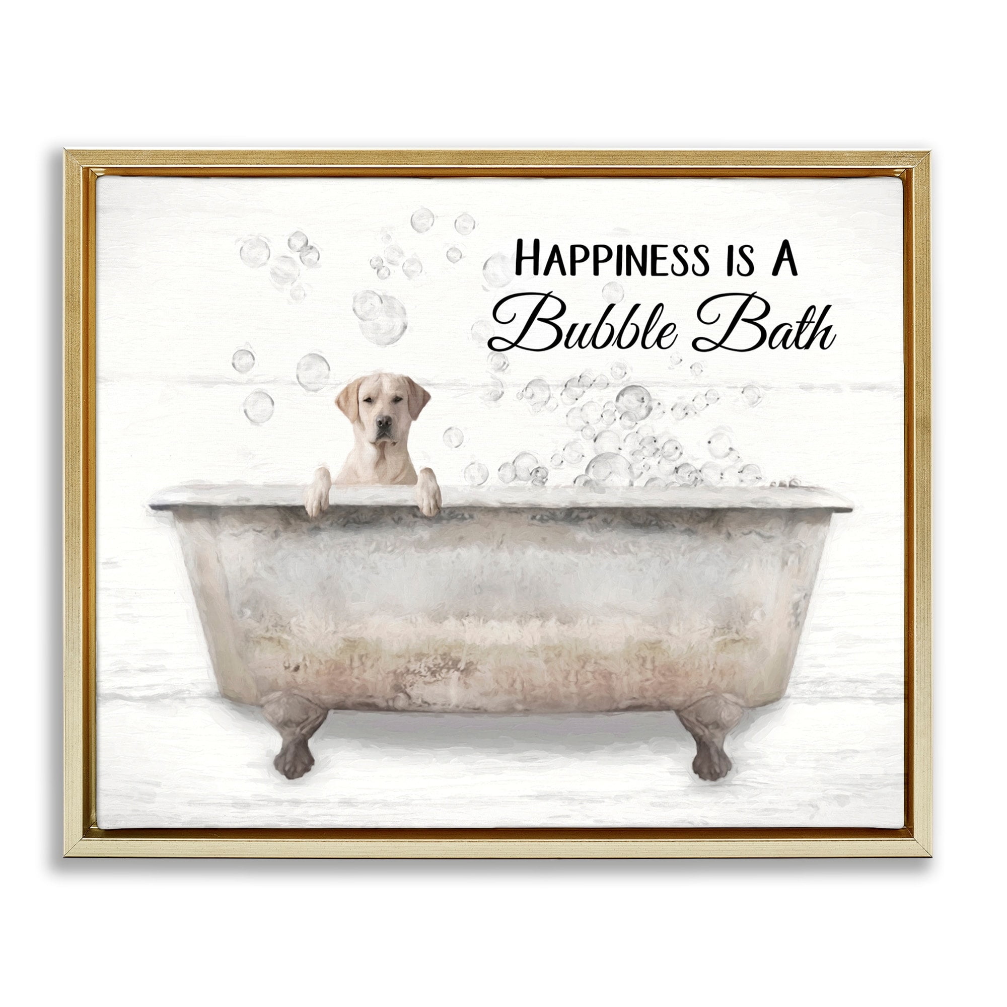 Stupell Industries Happiness Is A Bubble Bath Dog In Tub Word Design Metallic Gold Framed Floating Canvas Wall Art, 24x30, by Lori Deiter