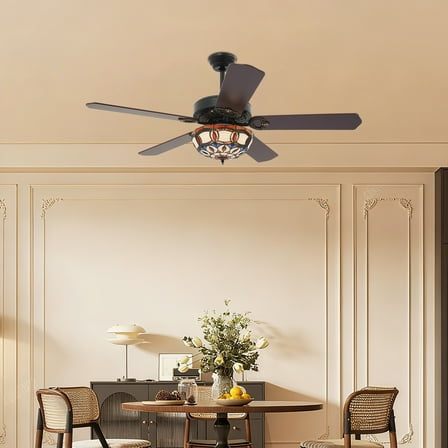 52'' Tiffany Ceiling Fan with 3 Lights  Remote Control, Wooden Ceiling Fans