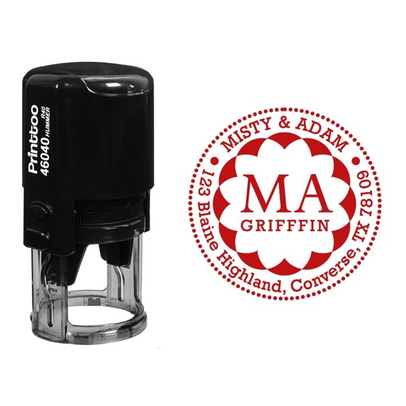Printtoo Round Custom Address Return Self Inking Rubber Stamp Personalized Initial Monogram Stamper-Red
