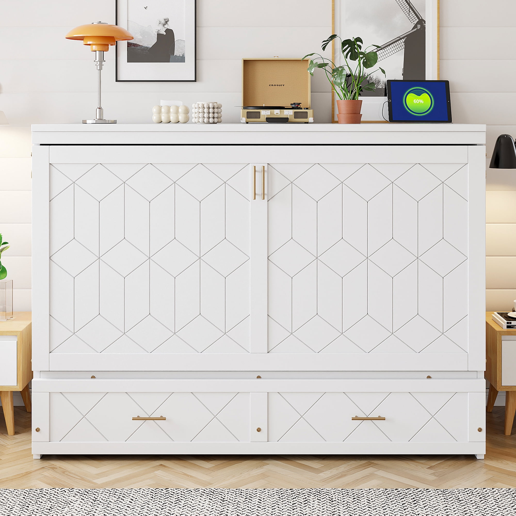 Mintazer Queen Murphy Bed with Storage Drawer & Charging Station, Modern Foldable Cabinet Bed with Geometric Pattern for Bedroom Apartment Guest Room, Gray