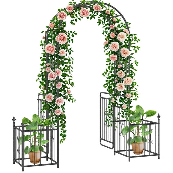 Outsunny 87" Metal Garden Arbor Arch with Double Doors, 2 Side Planter Baskets, Climbing Vine Frame, Black