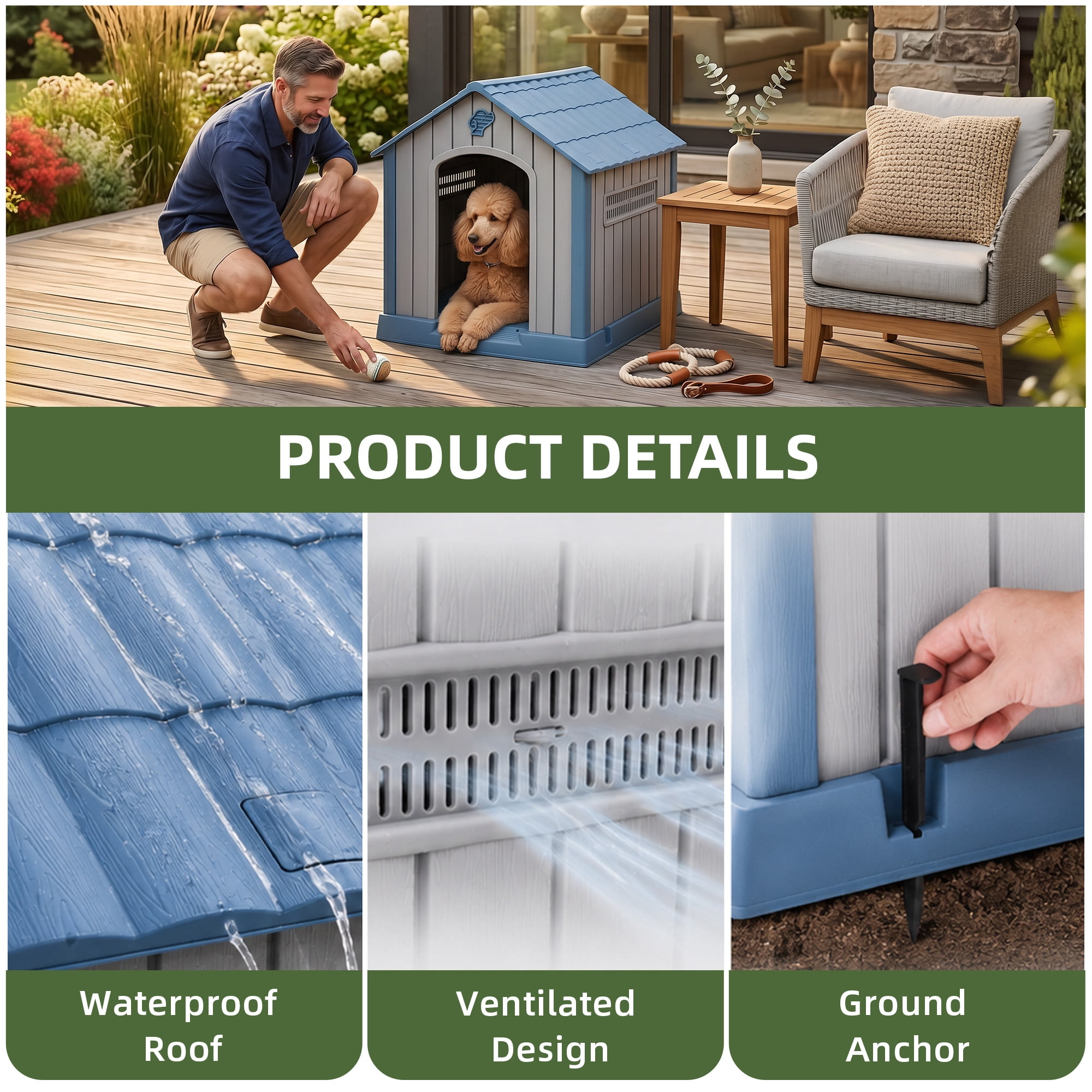 Dextrus Plastic Dog House Outdoor Indoor for Small Medium Large Dogs,Weatherproof Dog Houses with Elevated Floor and Air Vents,Durable Ventilate,29''L*30''W*32''H, Blue
