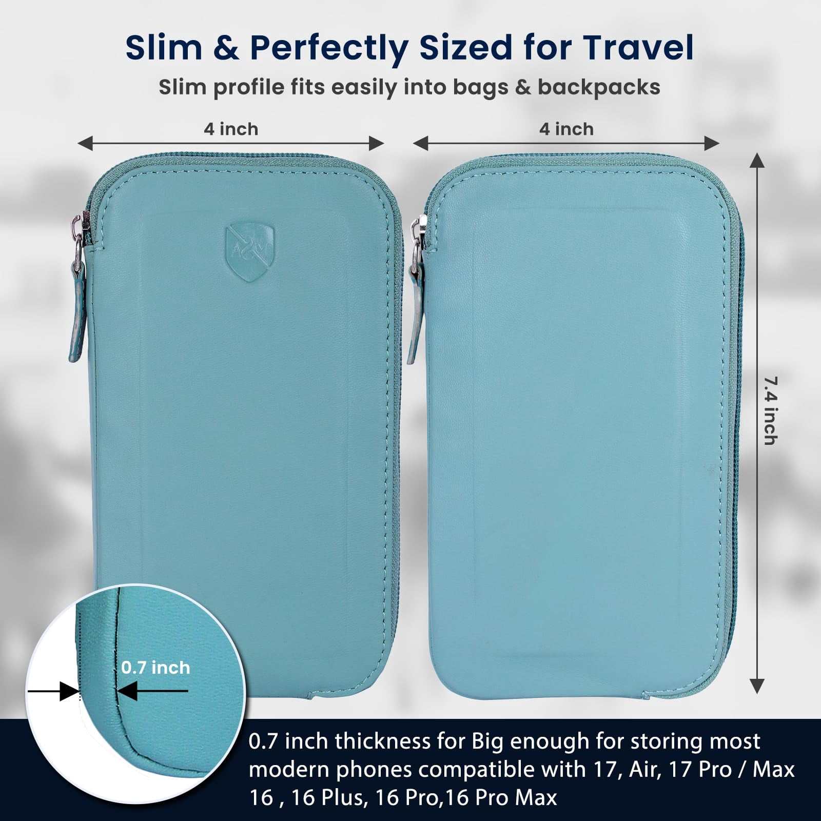 ALLEN & MATE Genuine Leather Phone Pouch Case Sleeve with Zip – Slim Mobile Phone Holder Wallet for Passport ID and Cards Fits iPhone 17 Pro Max, 16, 15 Samsung Galaxy S25 & Android - Lagoon
