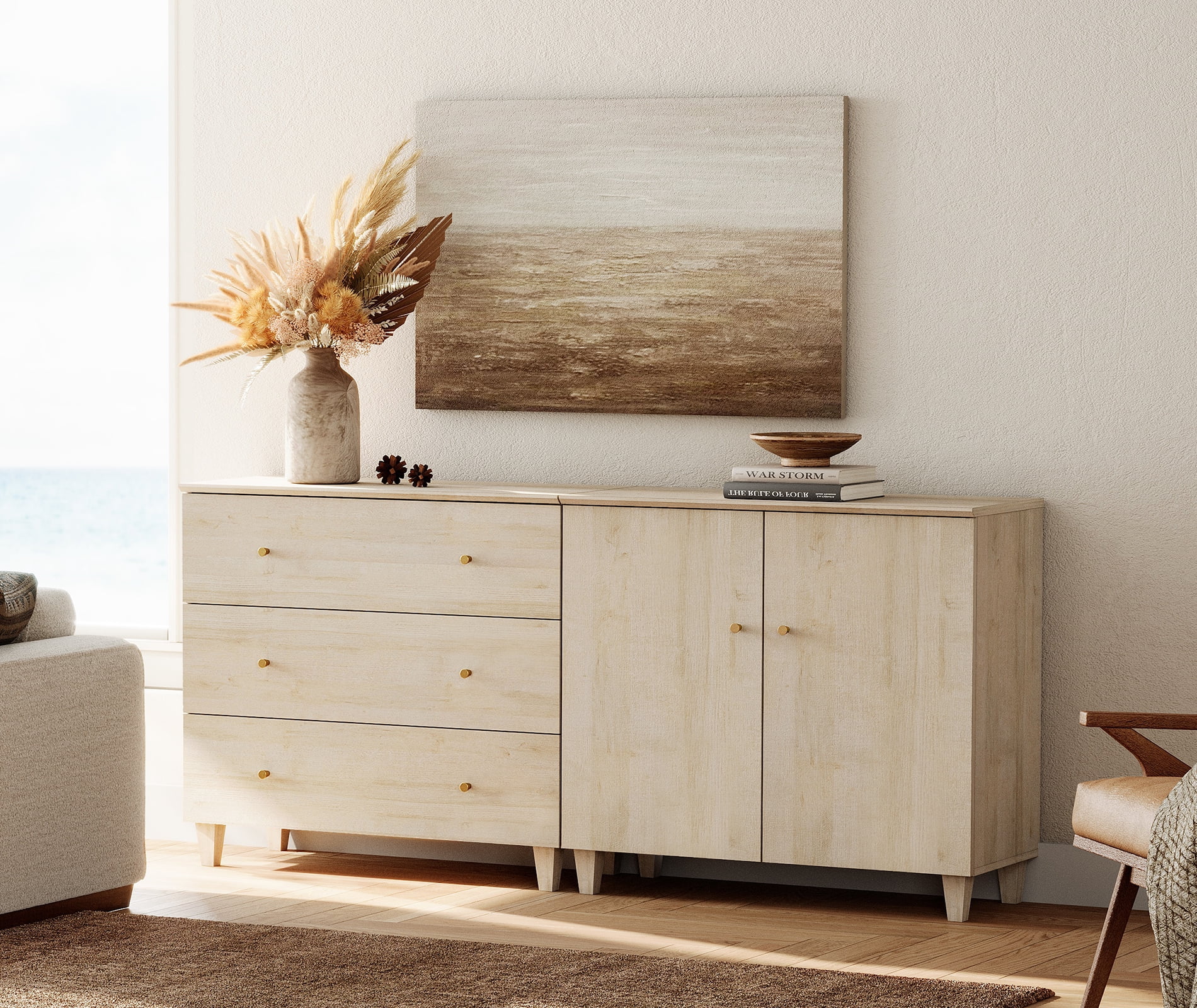 WAMPAT TV Stand for 75+ Inches TVs, 2-in-1 Modern Wooden Media Console with 3 Spacious Drawers and 1 Storage Cabinet for Living Room, Light Oak