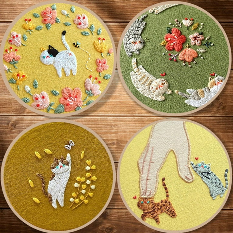 Cute Cat New French Embroidery DIY Beginner Handmade Basic Fabric Kit 