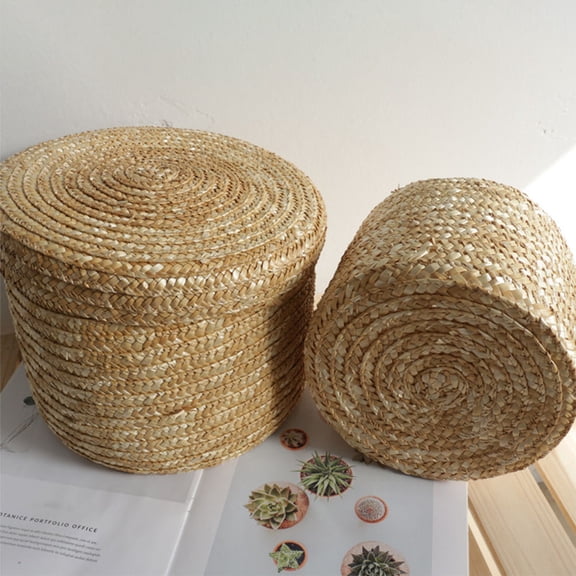GAXIRE Rustic Khaki Round Woven Basket with Lid for Daily Storage and Organization