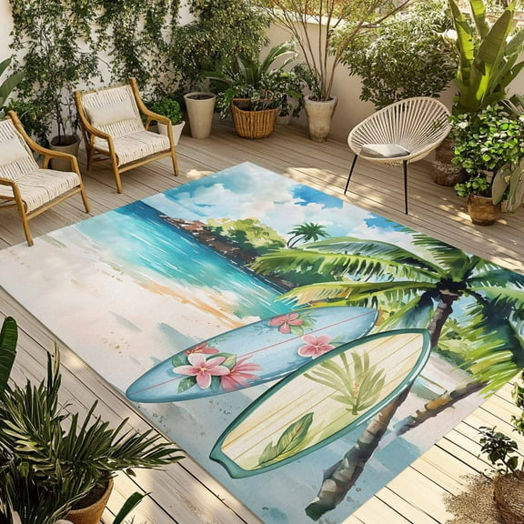 Fsddascl Summer Beach Outdoor Rug for Patio/Deck/Porch, Non-Slip Large Area Rug 4 x 6 Ft, Tropical Coastal Palm Tree Surfboard Indoor Outdoor Rugs Washable Area Rugs, Reversible Camping Rug Carpet