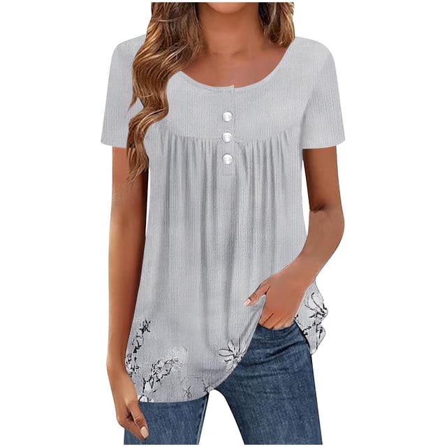 Mujeres de Verano Tops de Manga Corta Impresa Casual Cuello Redondo Plisado Superior 95% Poliéster 5% Spandex, Blusa de Moda para Todas las Estaciones