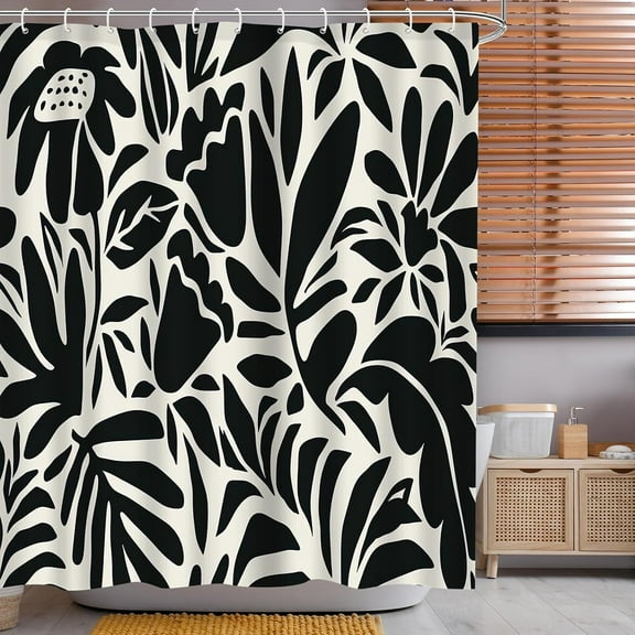 Black and White Flower Shower Curtain for Women Girls Boho Abstract Floral Retro Groovy Plant Leaves Aesthetic Funky Trendy Bathtub Decor 12 Plastic Shower Hooks,72x72 Inch