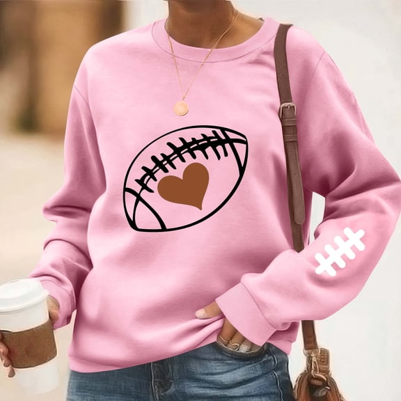 Football Graphic Sweatshirt for Women Heart Pattern Sports Crewneck Long Sleeve Pullover Loose Fit Casual Sporty Style Clothes Game Day Top