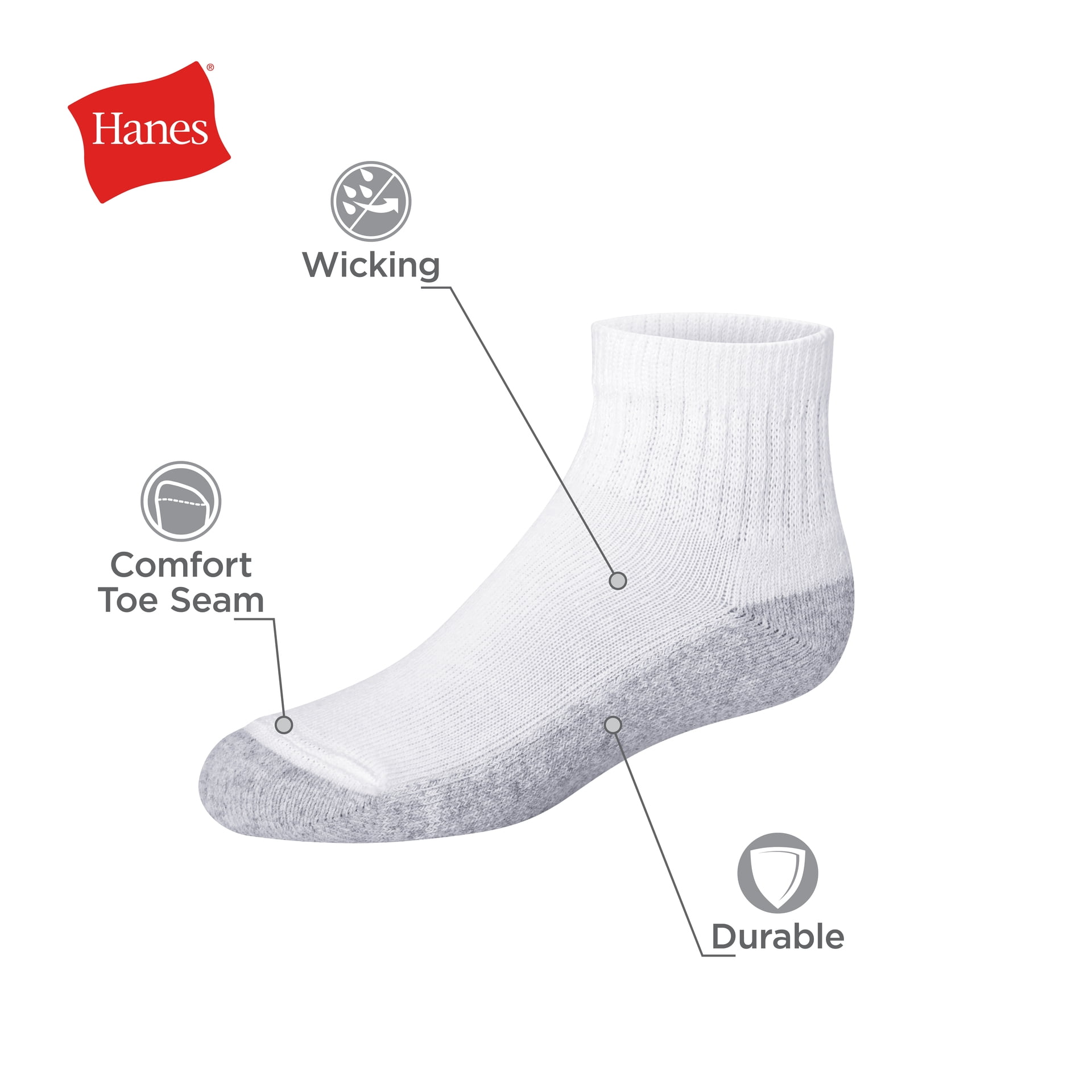 Hanes Boys Ankle Socks, 12 Pairs, Double Tough, Cushioned, Moisture-Wicking