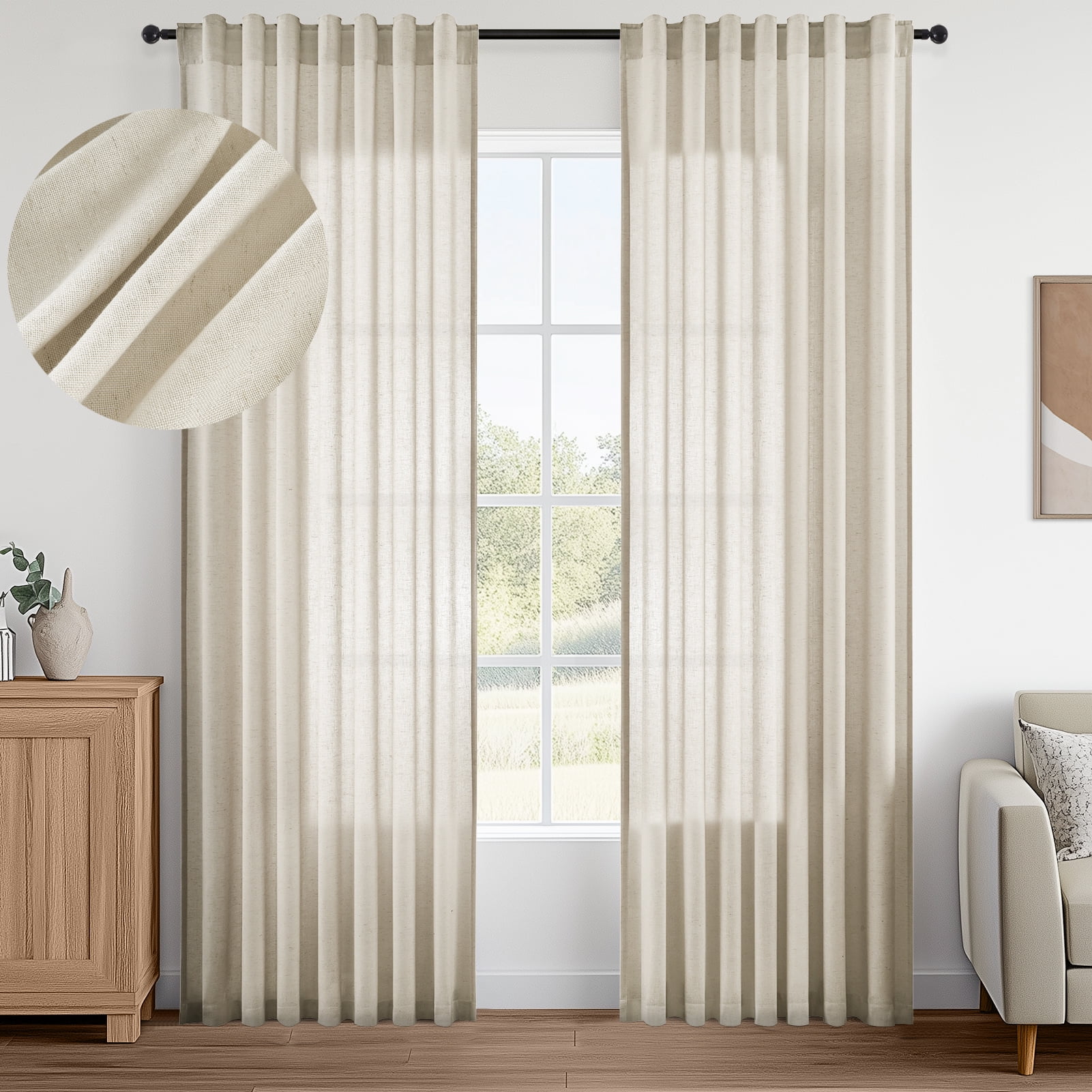 Jainmy Oatmeal 96 Inch Long Linen Semi Sheer Curtains 2 Panel Set,Light Filtering Curtain Window Curtains Drapes for Living Room Bedroom,52"x96"
