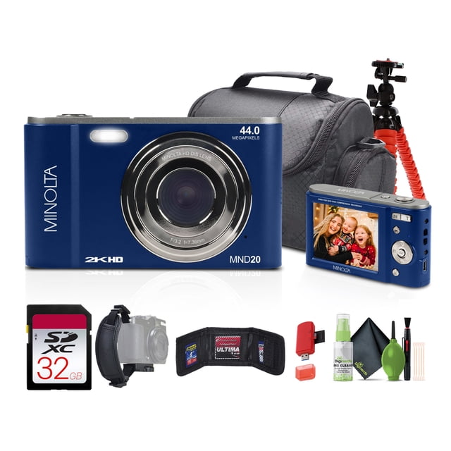 Minolta MND20 44 MP / 2.7K Ultra HD Digital Camera (Blue) + 32GB Memory Card + 12" Tripod + Memory Card Wallet + More Bundle