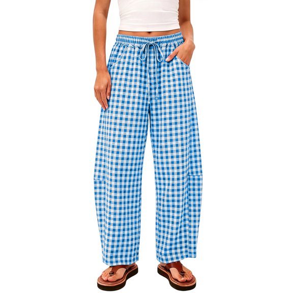 HappyYEE Women’s Plaid Barrel Pants - Faux Linen Wide Leg Trousers - Elastic Waist Relax Fits Cropped Pants with Pockets M