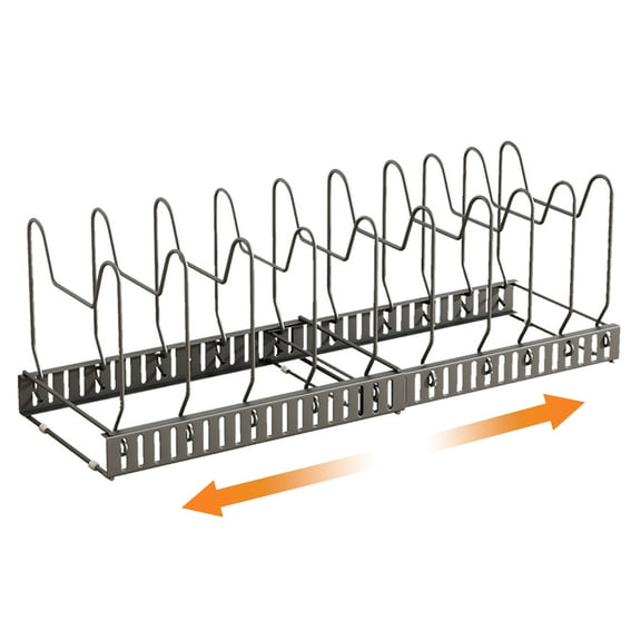 Mirdinner Expandable Pot and Pan Organizer Rack for Kitchen Cabinet, Adjustable Pot Lid Holder for Kitchen Storage, with 10 Adjustable Compartments, Dark Gray