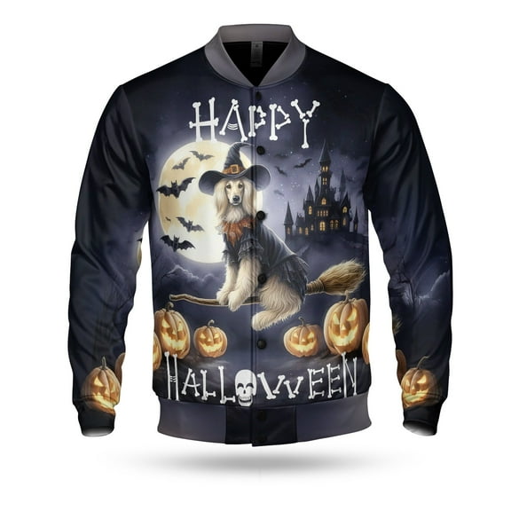 Happy Halloween Afghan Hound Witch Pumpkins Bats All Over Print 3D Baseball Jacket Dog Lover Bomber Jacket Softball - 13012