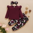 thumbnail image 3 of KIMI BEAR Toddler Girls Outfits 2T Toddler Girls Autumn Winter Outfits 3T Toddler Girls Casual Solid Color Long Sleeve T-shirt + Rose Print Pants + Headband 3PCs Set Red, 3 of 8