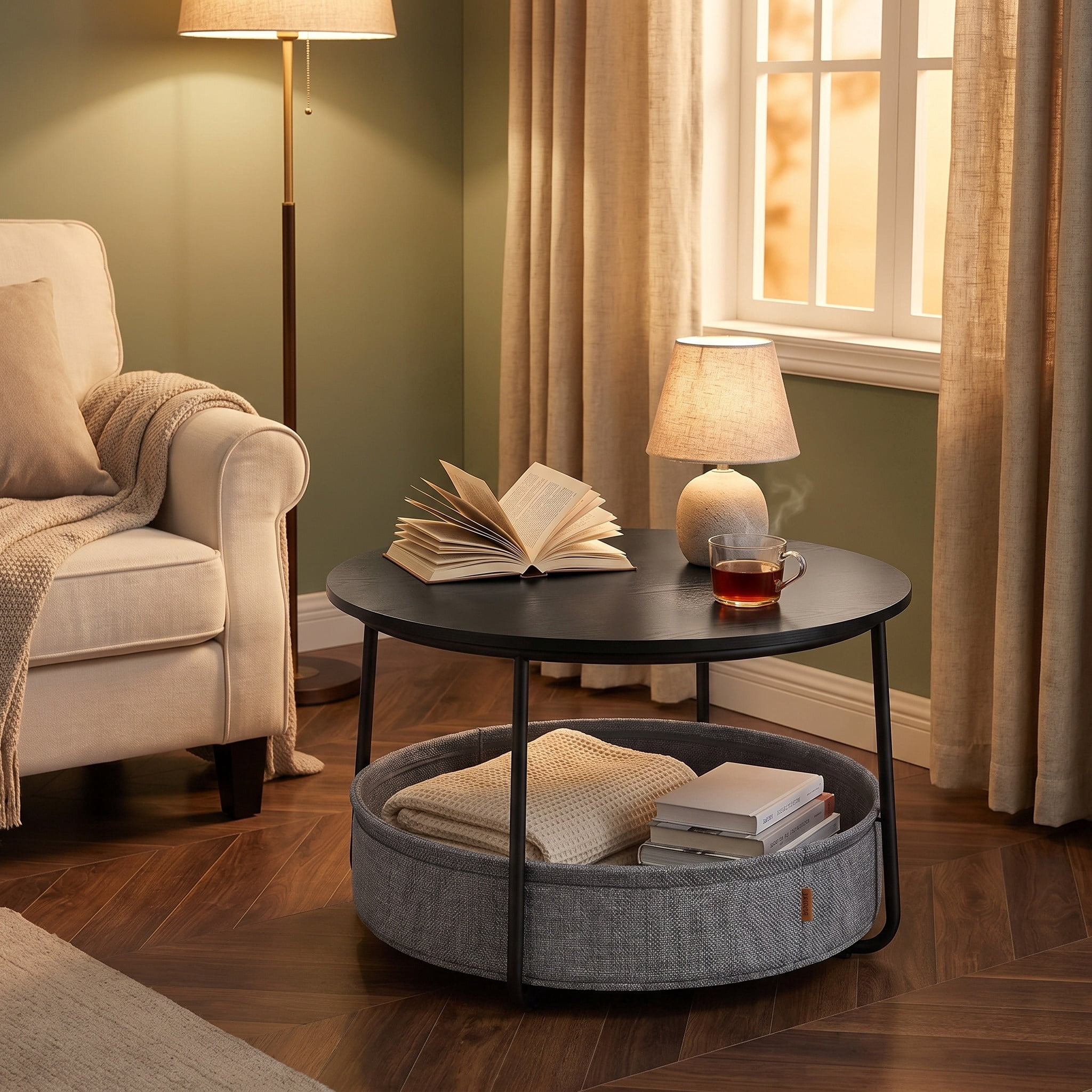 Nordic Hygge Modern Ebony Black Round Coffee Table with Slate Gray Fabric Storage Basket