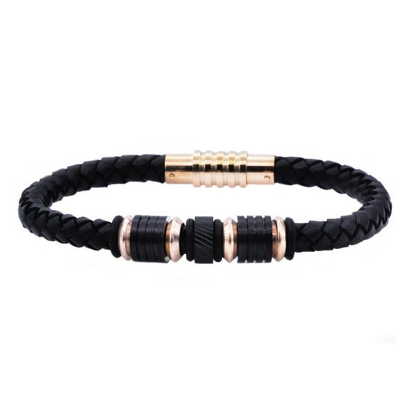 Arista Black Leather Steel Men's Bracelet in Rose Plated Solid Stainless, 8"