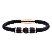 Arista Black Leather Steel Men's Bracelet in Rose Plated Solid Stainless, 8"