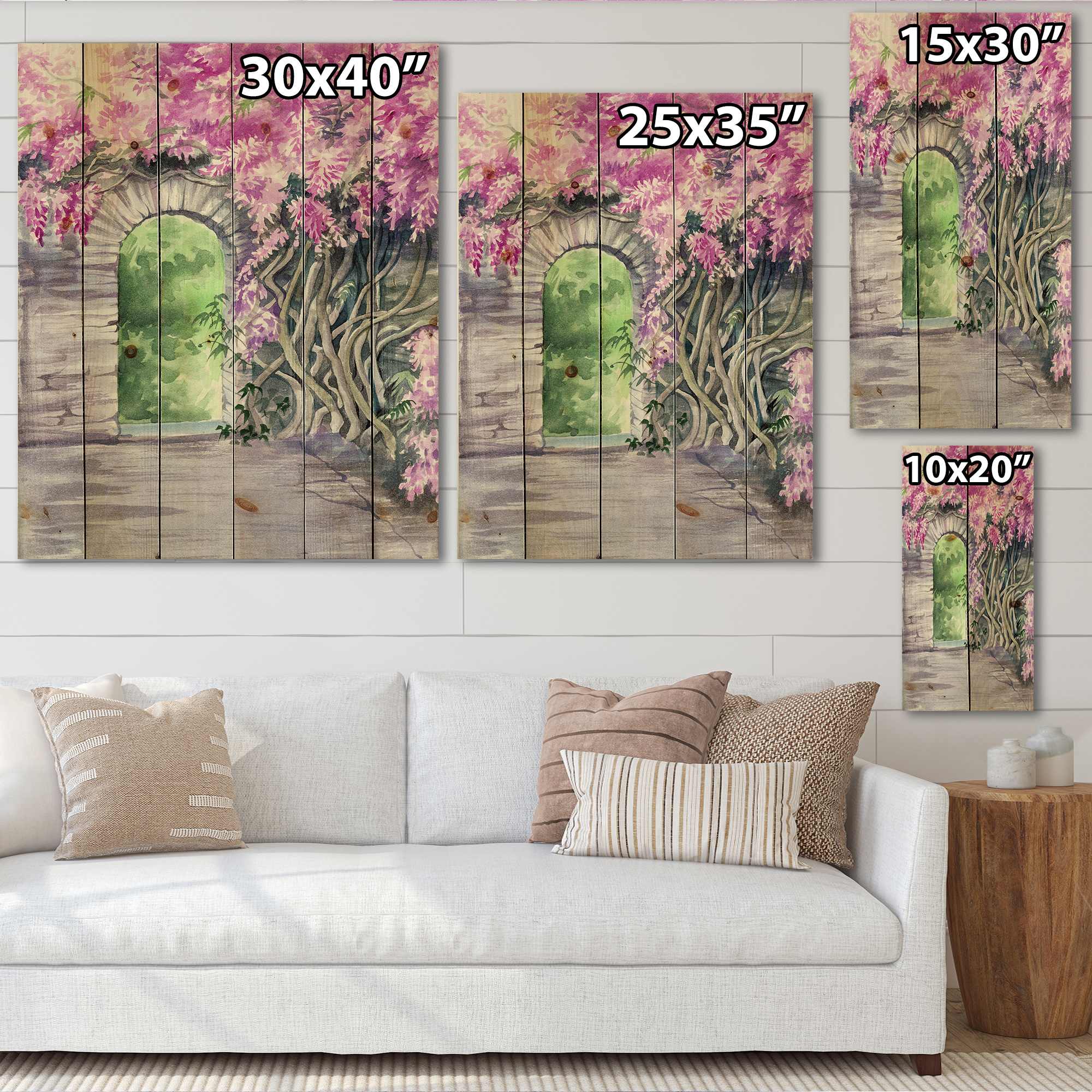 Designart 'Blossoming Purple Wisteria Garden Over The Wall' Traditional Print on Natural Pine Wood