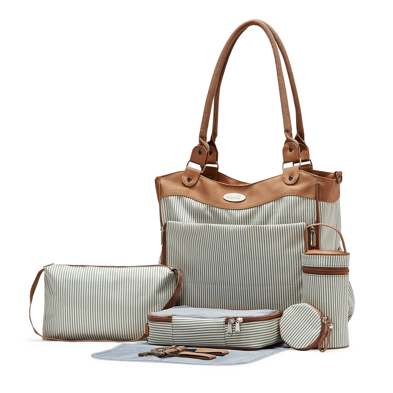 SoHo Tote Diaper Bag, Louvre, Brown Stripes, 9 Piece Set