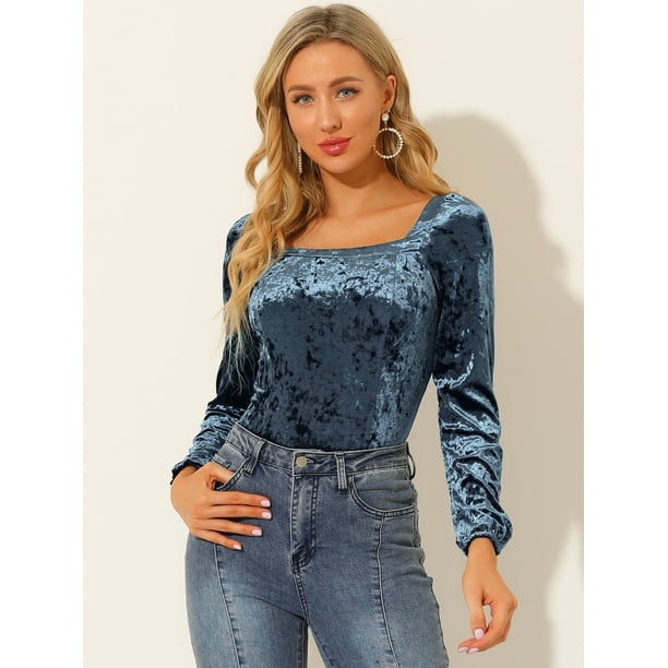 Blusa De Terciopelo De Color Sólido De Manga Larga Con Cuello