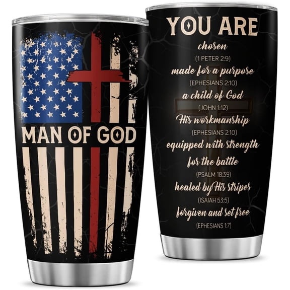 Christian Man of God 20oz Insulated Tumbler, Bible Verse Travel Mug with American and Cross, Religious Gift for Men, Spiritual Faith Cup for Dad, Husband, Pastor, Church