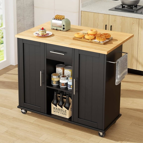 42" Rolling Kitchen Island Cart with Storage, Drop Leaf Countertop, Drawers, and Locking Casters, Black