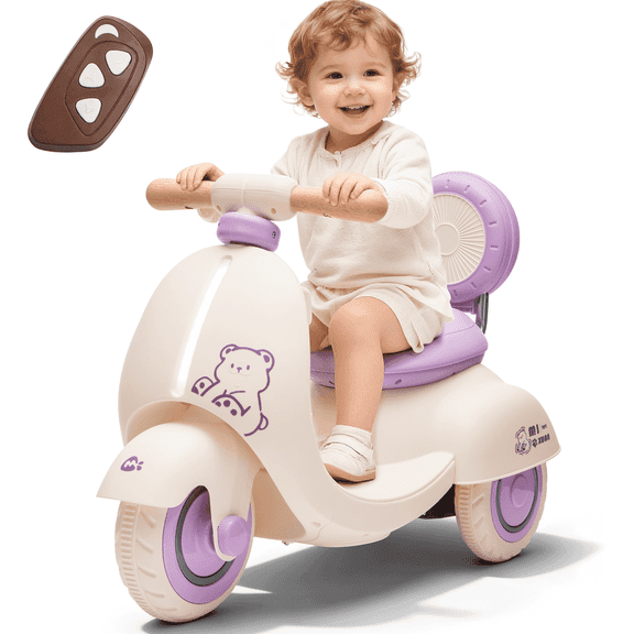 Track Seven 12V Ride on Motorcycle, 3-Wheel Toddler Electrc Scooter with Remote Control, Bluetooth, Wide Seat, Wooden Handle, Slow Start, Electric Motorycle for Boys Girls Aged 1-3 Years, Purple
