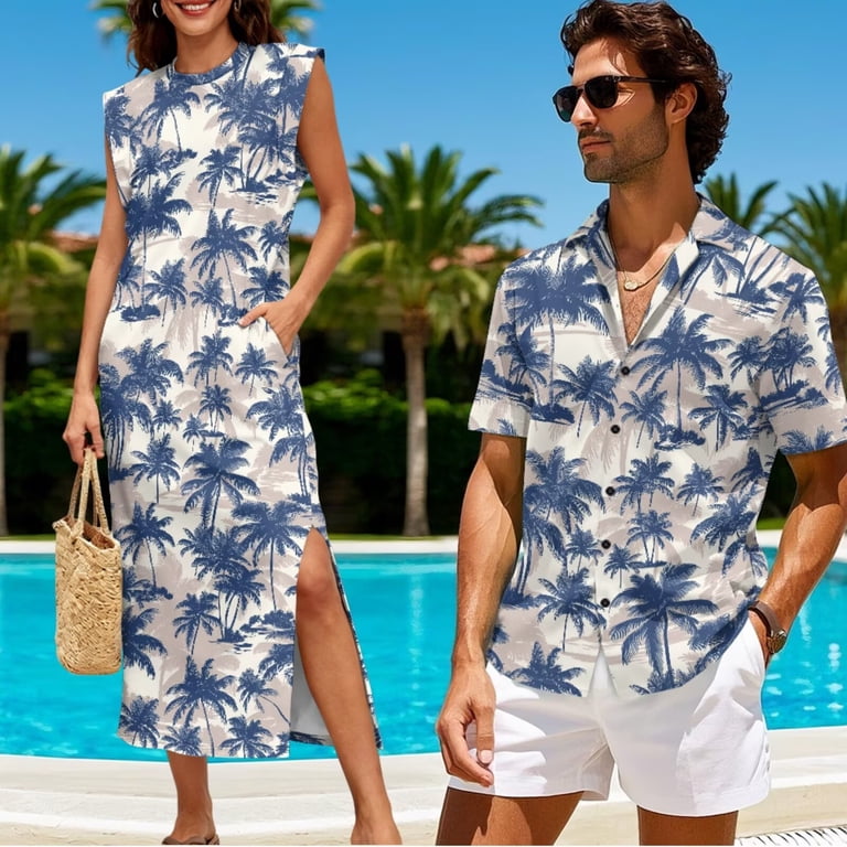 beach dress for men and women Yuyamidu Matching Beach Outfits for Couples Palm Tree Shirt Men Summer  Shirts Beach Dresses for Women Hawaiian Dress Tropical Vacation Outfits  Sleeveless Slit Maxi Dress with Pockets Woman M
