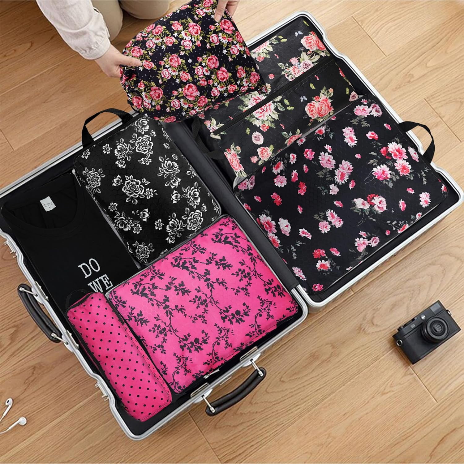 Compression Packing Cubes for Suitcases, 6 Set Travel Luggage Organizer Bags, Lightweight Waterproof Smell Proof Black Floral Packing Cubes as Travel Accessories for Women
