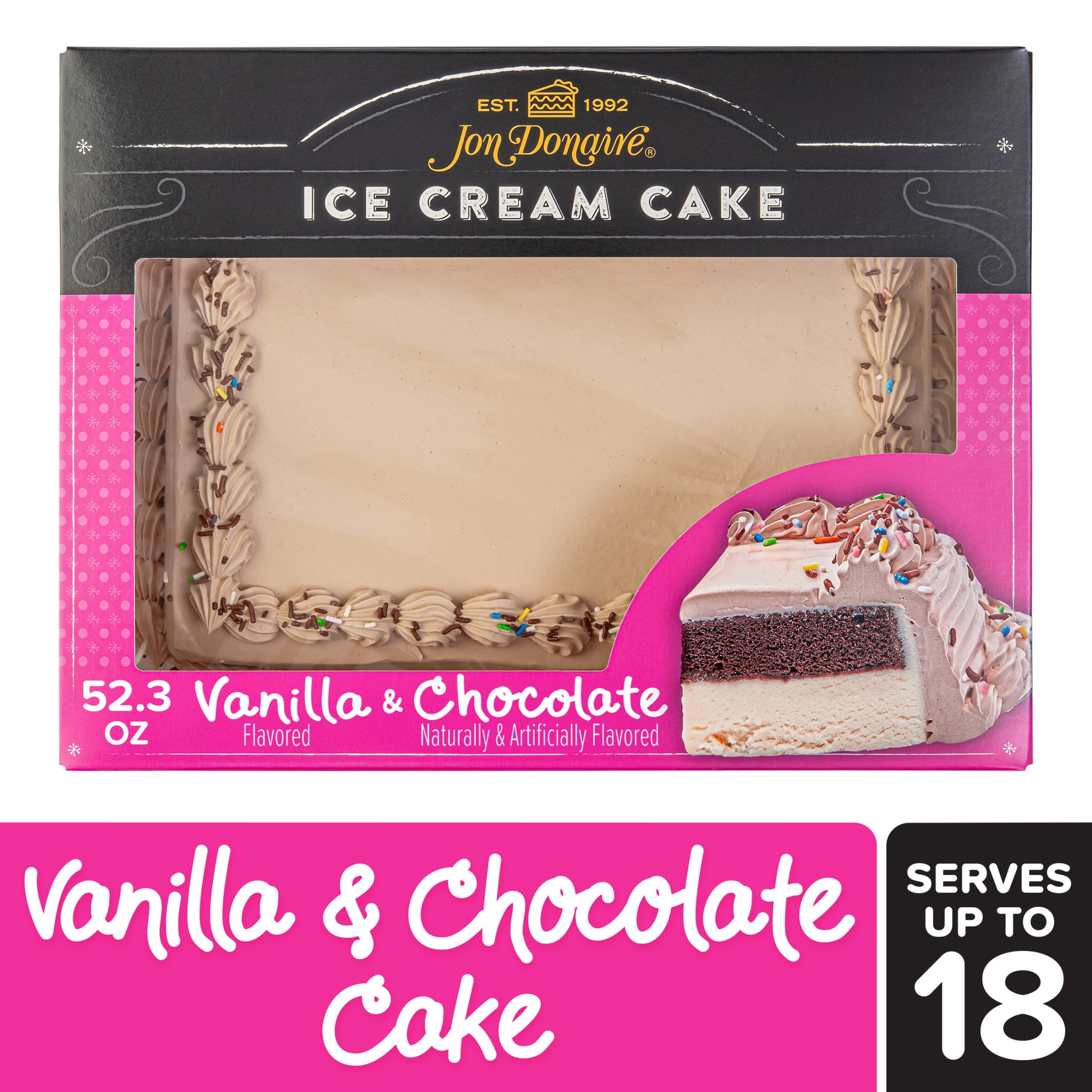 Jon Donaire 1/4 Sheet Ice Cream Cake, Vanilla Ice Cream & Chocolate Cake, Serves 18